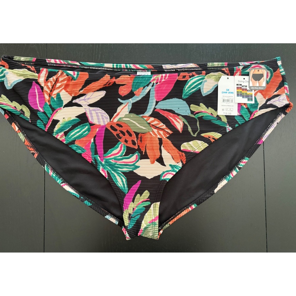 Time and Tru‎ High-Leg Bikini Bottom Womens 3X (24W-26W) Black Tropical Mid-Rise